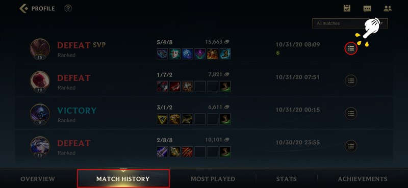 Nhấn chọn Match History Li&ecirc;n Minh Tốc Chiến